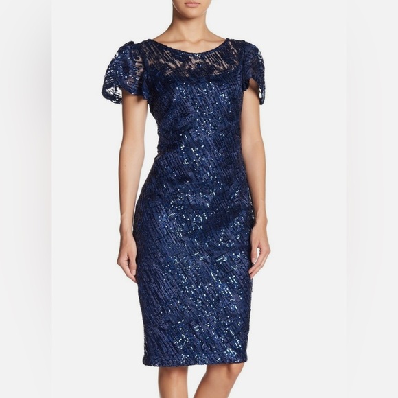 MARINA Dresses & Skirts - NWT MARINA Lapis Lined Sequin Flutter Sleeve Dress